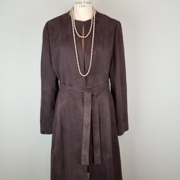 INC Faux Suede Chocolate Brown Long Length Trench Belted L/S Jacket * Size 10 - Picture 9 of 9